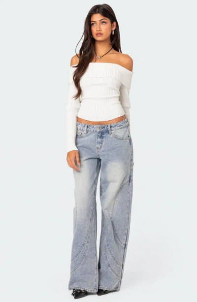 Edikted Lauren Foldover Off The Shoulder Rib Sweater In White