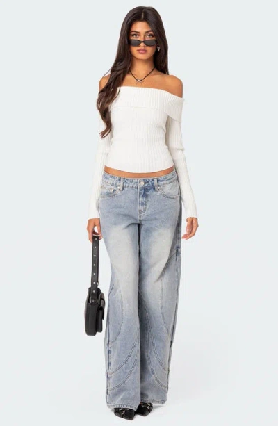 Edikted Lauren Foldover Off The Shoulder Rib Sweater In White