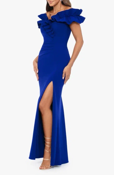 Shop Xscape Evenings Ruffle Ruched Off The Shoulder Scuba Gown In Marine