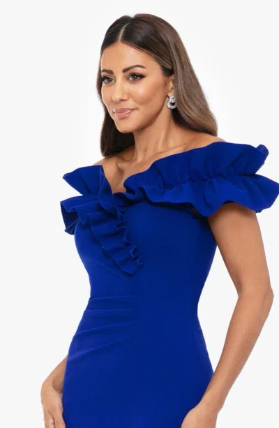 Shop Xscape Evenings Ruffle Ruched Off The Shoulder Scuba Gown In Marine