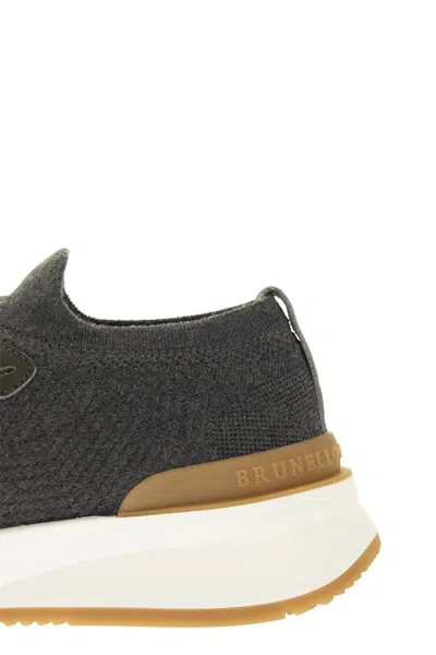 Shop Brunello Cucinelli Runners In Cotton Knit And Semi-glossy Calf Leather In Dark Grey