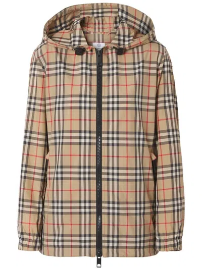Shop Burberry Check Motif Hooded Jacket In Beige