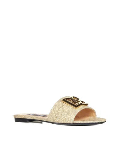 Shop Dolce & Gabbana Dg Logo Leather Slides In Beige