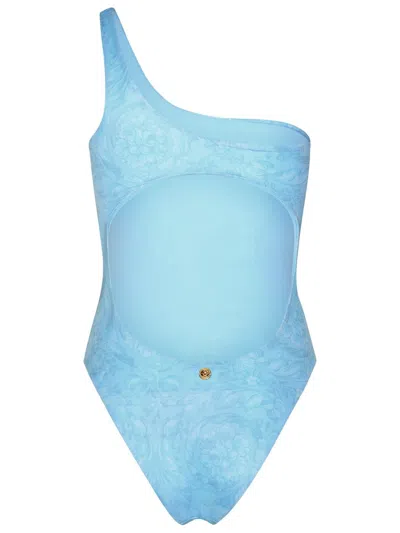 Shop Versace Asymmetric 'baroque' One-piece Swimsuit In Blue