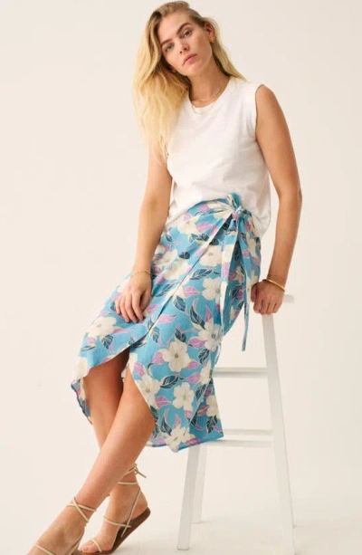 Shop Faherty Pacifica Floral Linen Blend Wrap Midi Skirt In Summer Sky