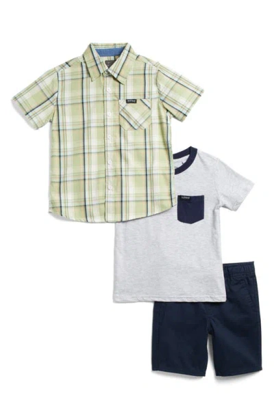 Shop Buffalo Kids' Plaid Button-up Shirt, Pocket T-shirt & Shorts Set In Navy
