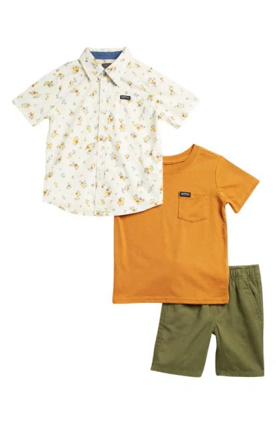 Shop Buffalo Kids Kids' Floral Button-up Shirt, Pocket T-shirt & Shorts Set In Olive