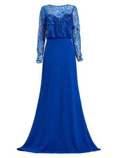 Shop Tadashi Shoji Women's Sequined Lace Blouson Illusion Gown In Mystic Blue