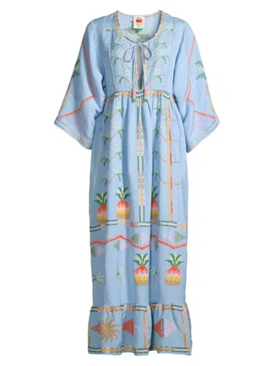 Shop Farm Rio Women's Pineapple-embroidered Linen-blend Maxi Dress In Blue