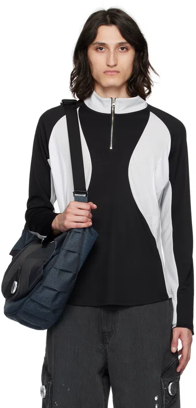 Shop Cmmawear Black & Gray Half-zip Long Sleeve T-shirt In Black/silver/white