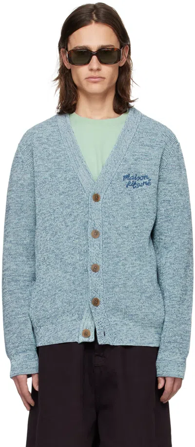 Shop Maison Kitsuné Blue Handwriting Cardigan In H476 Ink Blue Mel