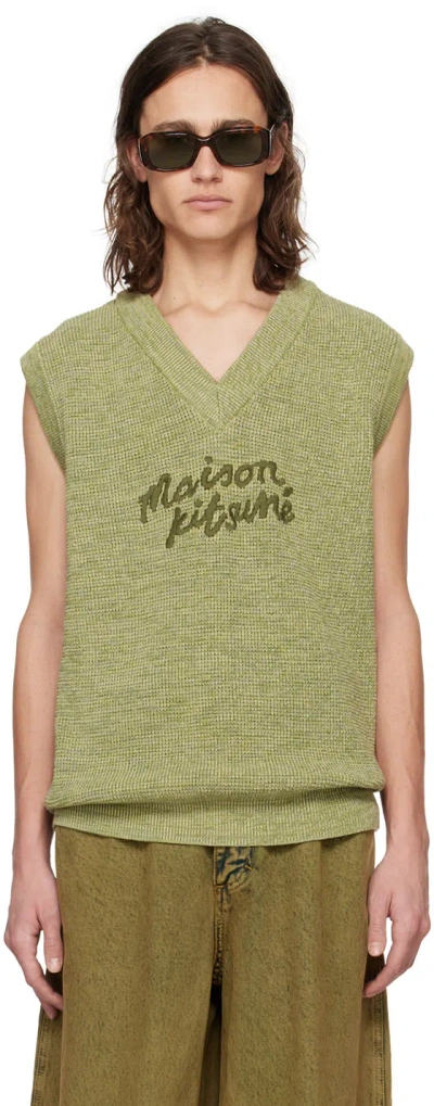 Shop Maison Kitsuné Green Handwriting Vest In H358 Khaki Green Mel
