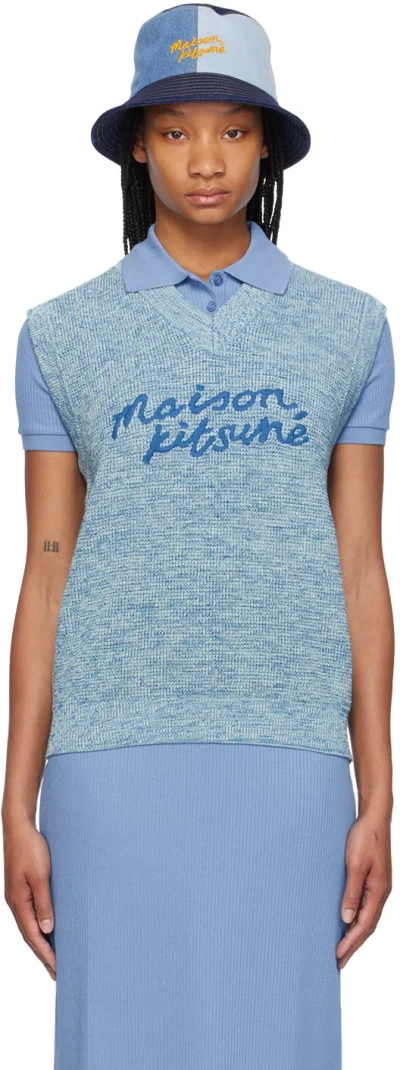 Shop Maison Kitsuné Blue Handwriting Vest In H476 Ink Blue