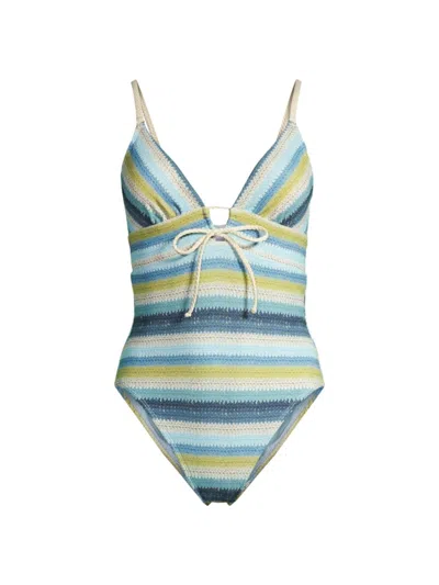 Shop Robin Piccone Women's Lyra Striped Keyhole One-piece Swimsuit In Blue Honeydew