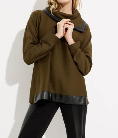 Shop Joseph Ribkoff Faux Leather Contrast Trim Sweater In Olive/black In Green