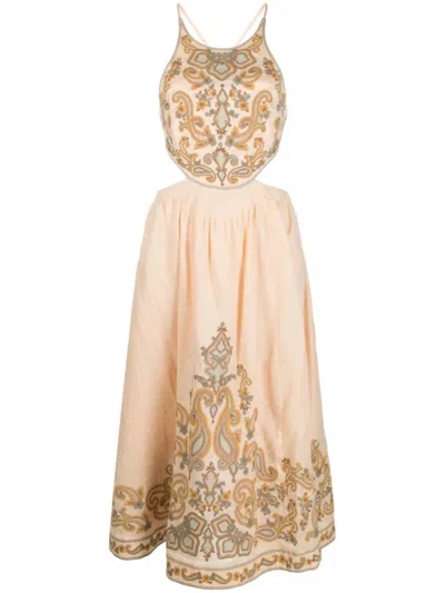 Shop Zimmermann Women's Devi Halter Tie Midi Dress In Sage/gold In Pink