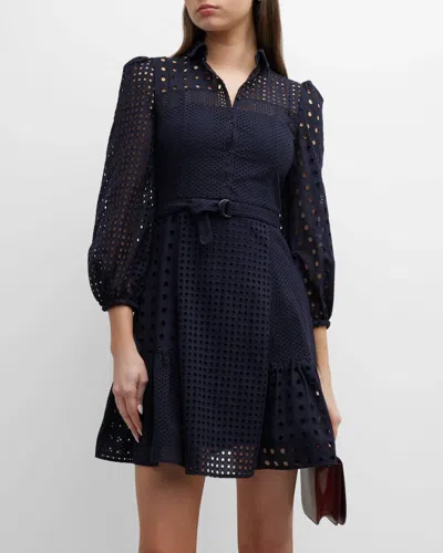 Shop Akris Punto Eyelet Embroidery Patchwork Collar Fit-flare 3/4 Sleeve Dress In Navy In Blue