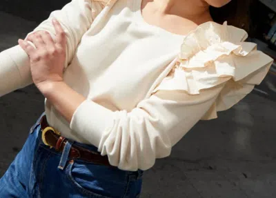 Shop Nation Ltd Esther Ruffle Shoulder Sweatshirt In White Chocolate In Beige
