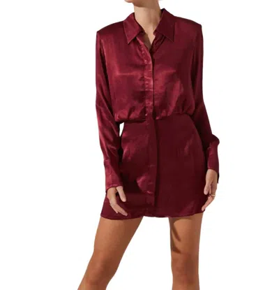 Shop Astr Ruth Satin Shirt Mini Dress In Wine In Red