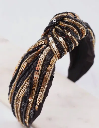 Shop Caroline Hill Sequin Striped Headband In Black And Gold