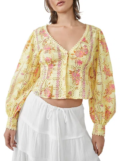 Shop Free People Womens Embroidered Eyelet Blouse In Yellow