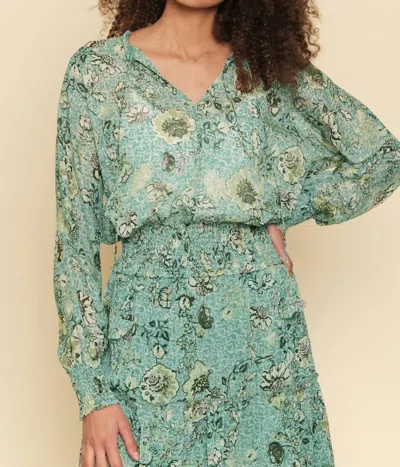 Shop Mystree Smocked Bottom Peasant Chiffon Blouse In Green Mix In Blue