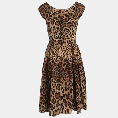 Pre-owned Dolce & Gabbana Brown Leopard Print Cotton Gathered Midi Dress S