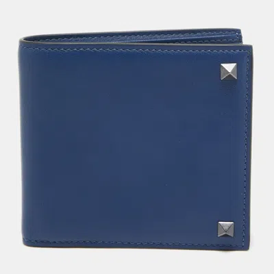 Pre-owned Valentino Garavani Navy Blue Leather Rockstud Bifold Wallet