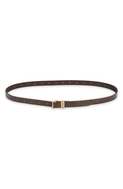 Shop Allsaints 18mm Skinny Double Loop Leather Belt In Brown / Warm Brass