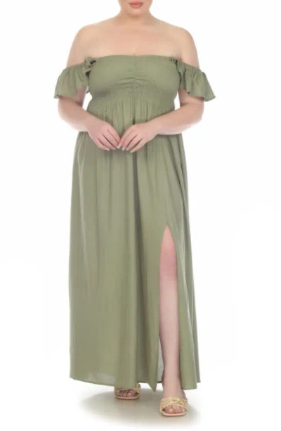 Shop Boho Me Off The Shoulder Flutter Sleeve Smocked Maxi Dress In Olive