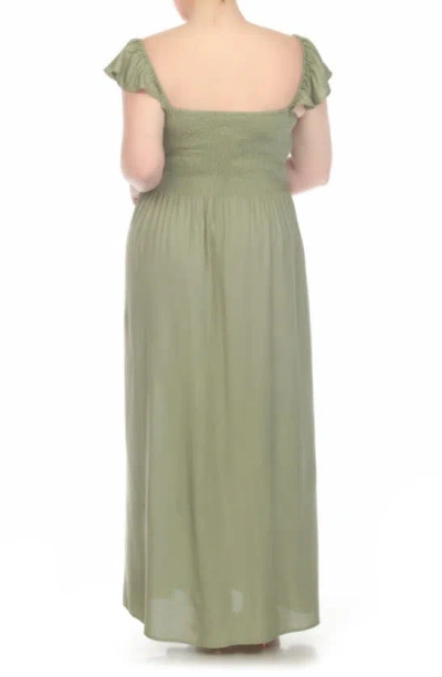 Shop Boho Me Off The Shoulder Flutter Sleeve Smocked Maxi Dress In Olive