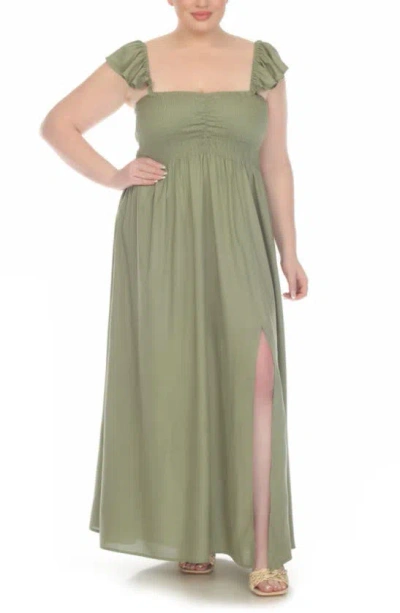 Shop Boho Me Off The Shoulder Flutter Sleeve Smocked Maxi Dress In Olive