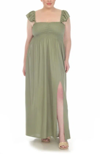 Shop Boho Me Off The Shoulder Flutter Sleeve Smocked Maxi Dress In Olive