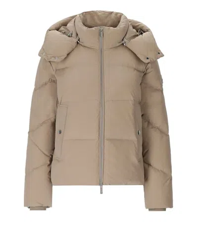 Shop Woolrich Alsea Taupe Short Hooded Down Jacket In Beige