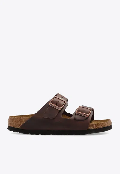 Shop Birkenstock Arizona Double-strap Leather Slides In Brown