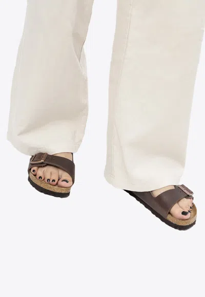 Shop Birkenstock Arizona Double-strap Leather Slides In Brown