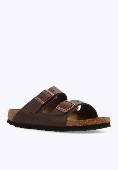 Shop Birkenstock Arizona Double-strap Leather Slides In Brown