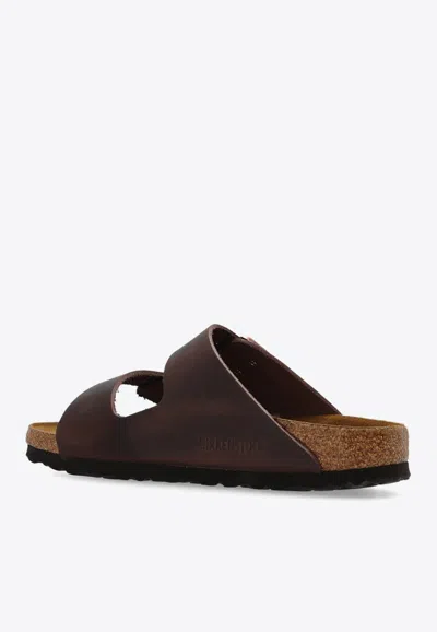 Shop Birkenstock Arizona Double-strap Leather Slides In Brown