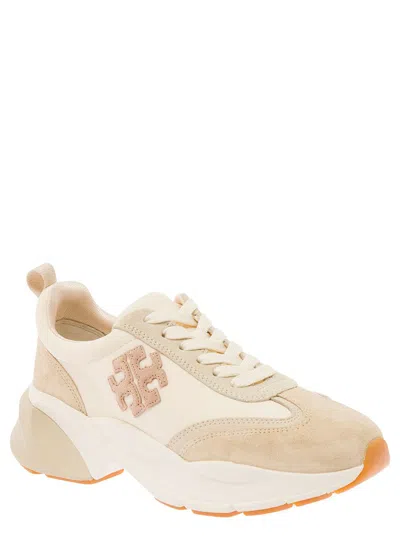 Shop Tory Burch 'good Luck' Beige Low Top Sneakers With Logo Detail And Oversized Platform In Suede Woman