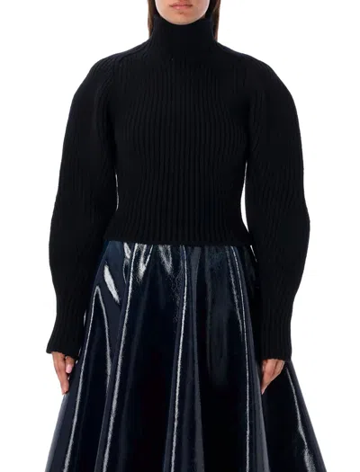 Shop Alaïa High-neck Knit Balloon-sleeved Sweater In Black