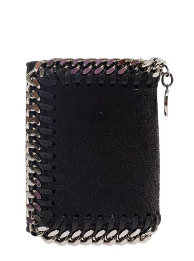 Shop Stella Mccartney Black Tri-fold Wallet With Chain Detail In Faux Leather Woman