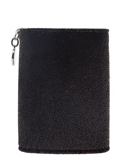 Shop Stella Mccartney Black Tri-fold Wallet With Chain Detail In Faux Leather Woman