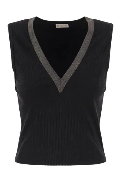 Shop Brunello Cucinelli Stretch Cotton Rib Jersey Top With Shiny Collar In Black