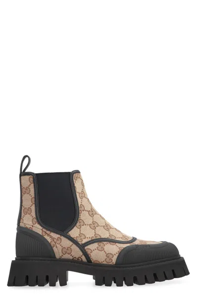 Shop Gucci Fabric Ankle Boots In Beige