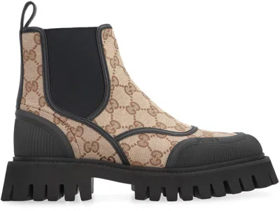 Shop Gucci Fabric Ankle Boots In Beige