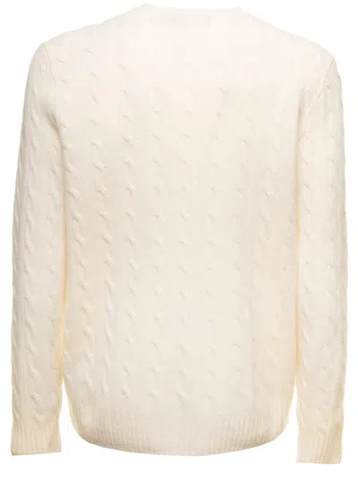 Shop Polo Ralph Lauren White Cable-knit Crewneck Sweater With Front Contrasting Logo Embroidery In Wool And Cashmere Man