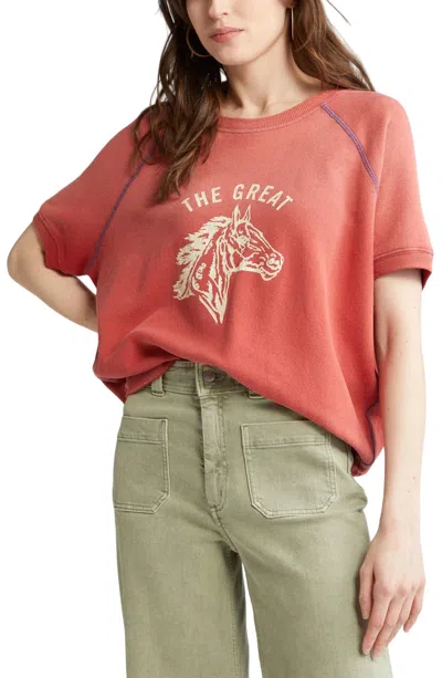 Shop The Great Bronco Short Sleeve Sweatshirt In Red Washed In Pink
