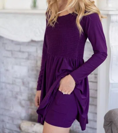Shop White Birch Smocked Bodice Long Sleeve Dress In Plum In Purple