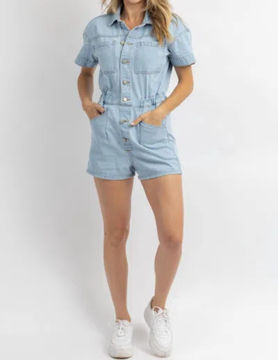 Shop Day + Moon Button Front Romper In Washed Jean In Blue