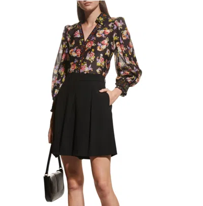 Shop Alice And Olivia Cosima Floral Silk Blouson-sleeve Button-front Top In Magnolia Floral Black Multi